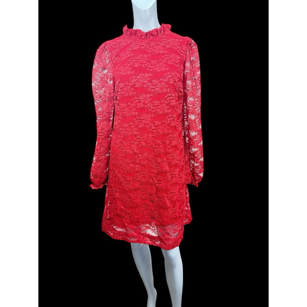 NWT Womens‎ Draper James RSVP Mini Dress M Red Lace Long Sleeve Metallic Accent